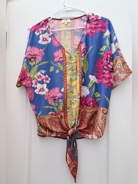 2 for $15 Umgee Blue Floral Tie-Front Button V-Neck Blouse